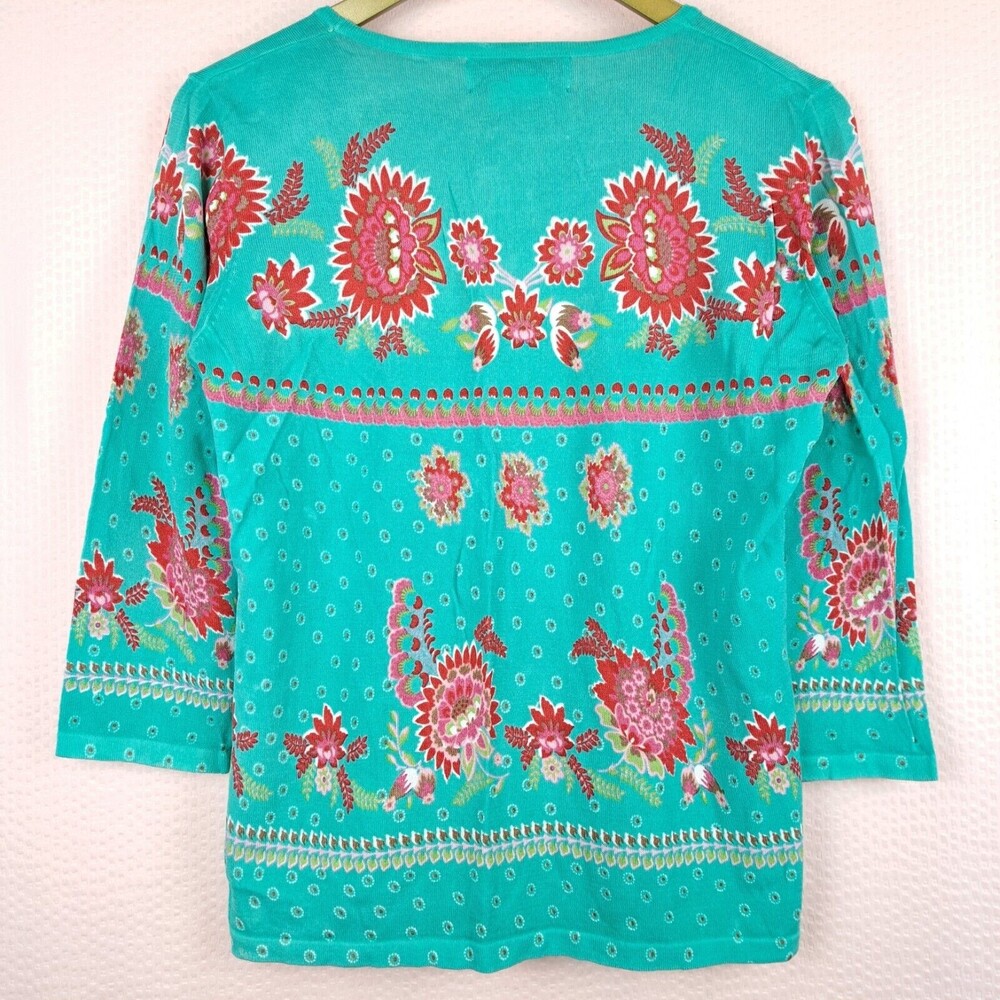 Joseph A Women Bright Blue Floral Top Stretch Lightweight 3/4 Sleeve Size L - Picture 8 of 11